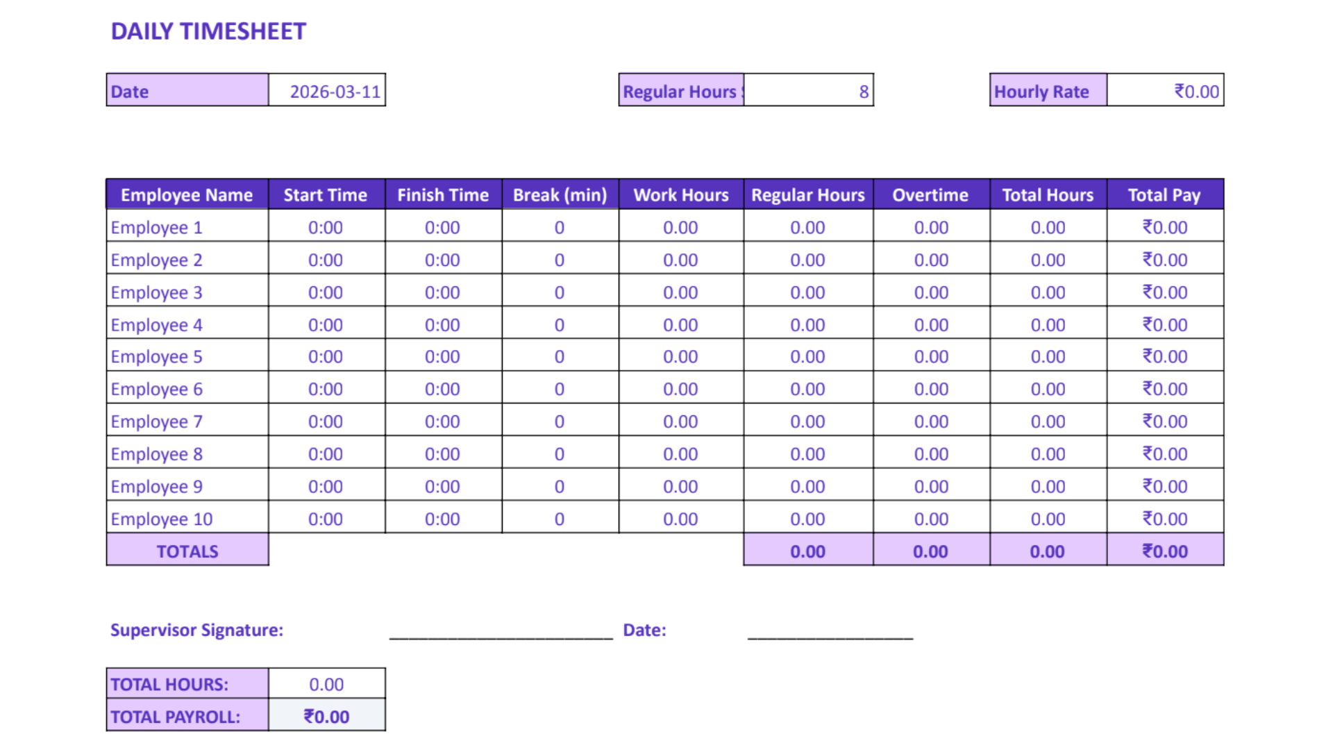 Daily Timesheet Template