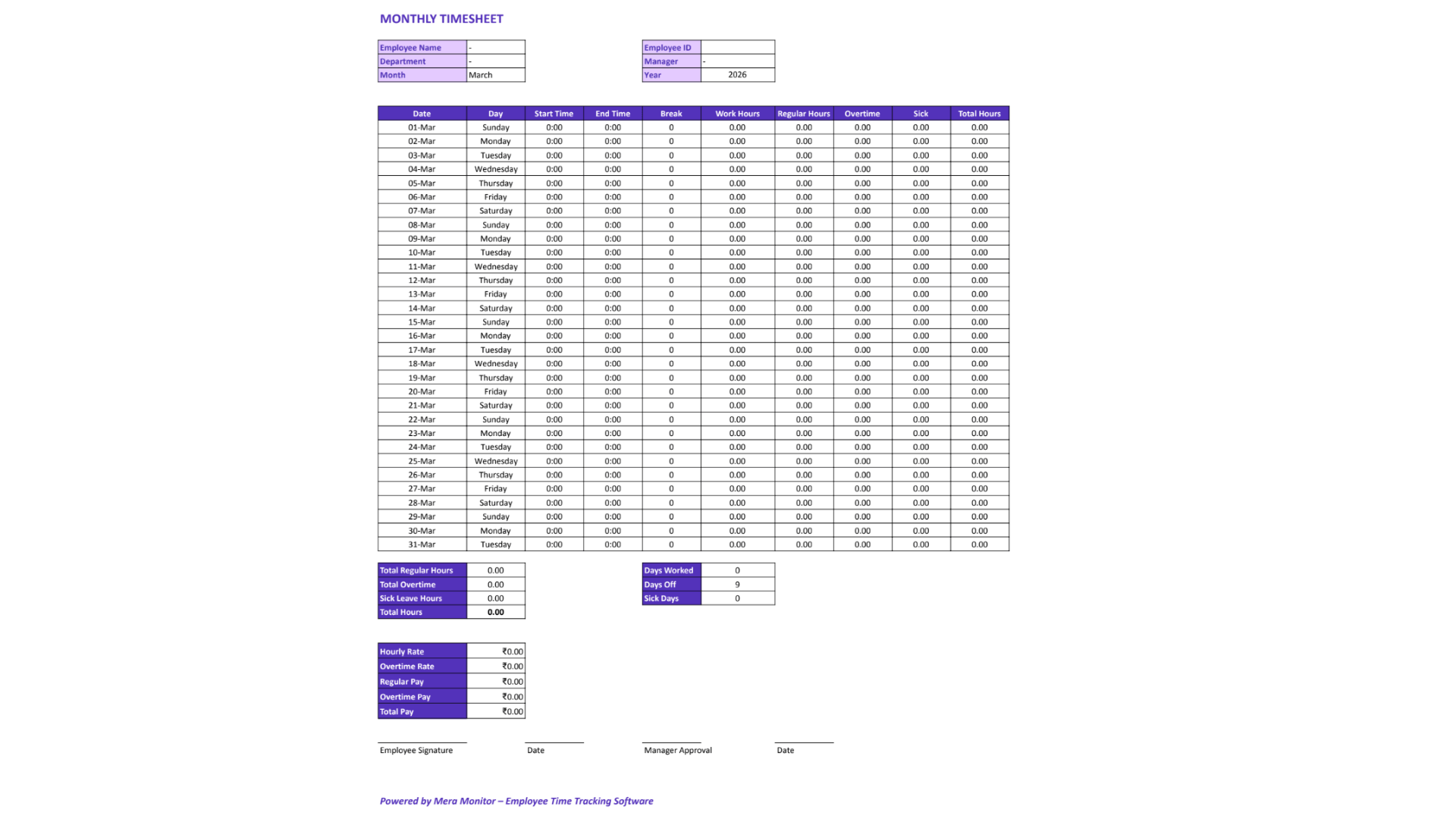 Monthly Timesheet Template